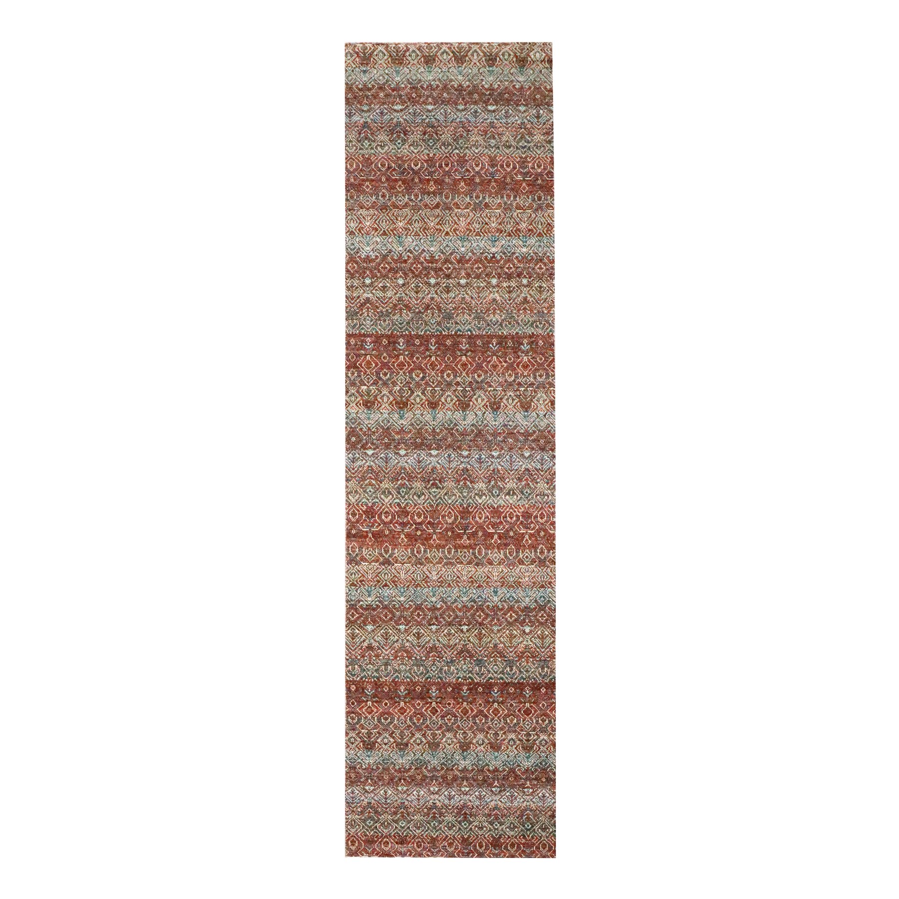2'7"x10'2" Clay Red, Kohinoor Herat with Small Geometric Repetitive Diamond Pattern, Soft Wool, Tone On Tone, Hand Knotted, Runner, Oriental Rug 